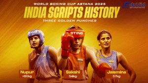 Indian women boxers celebrating their gold medals at the World Boxing Cup 2025 in Astana